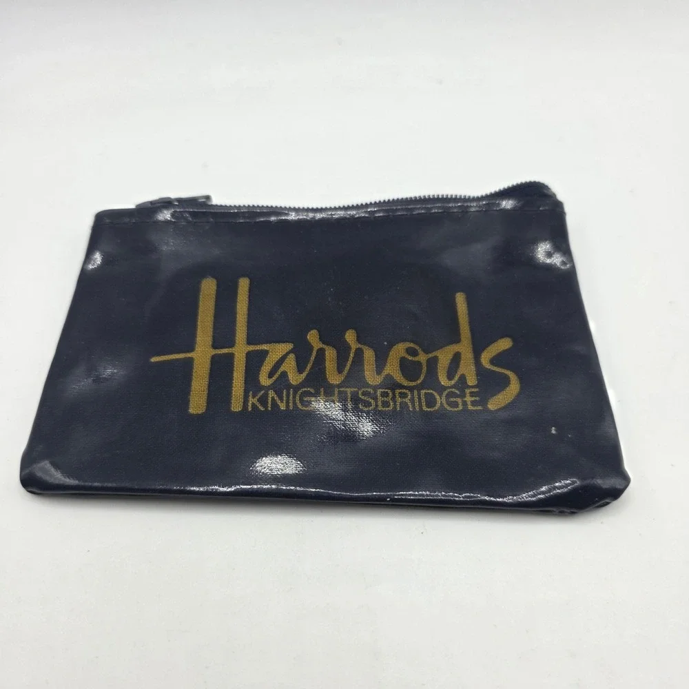 Harrods Knightsbridge‎ Small Zipper Pouch Navy Blue Gold Logo Coin Purse Bag